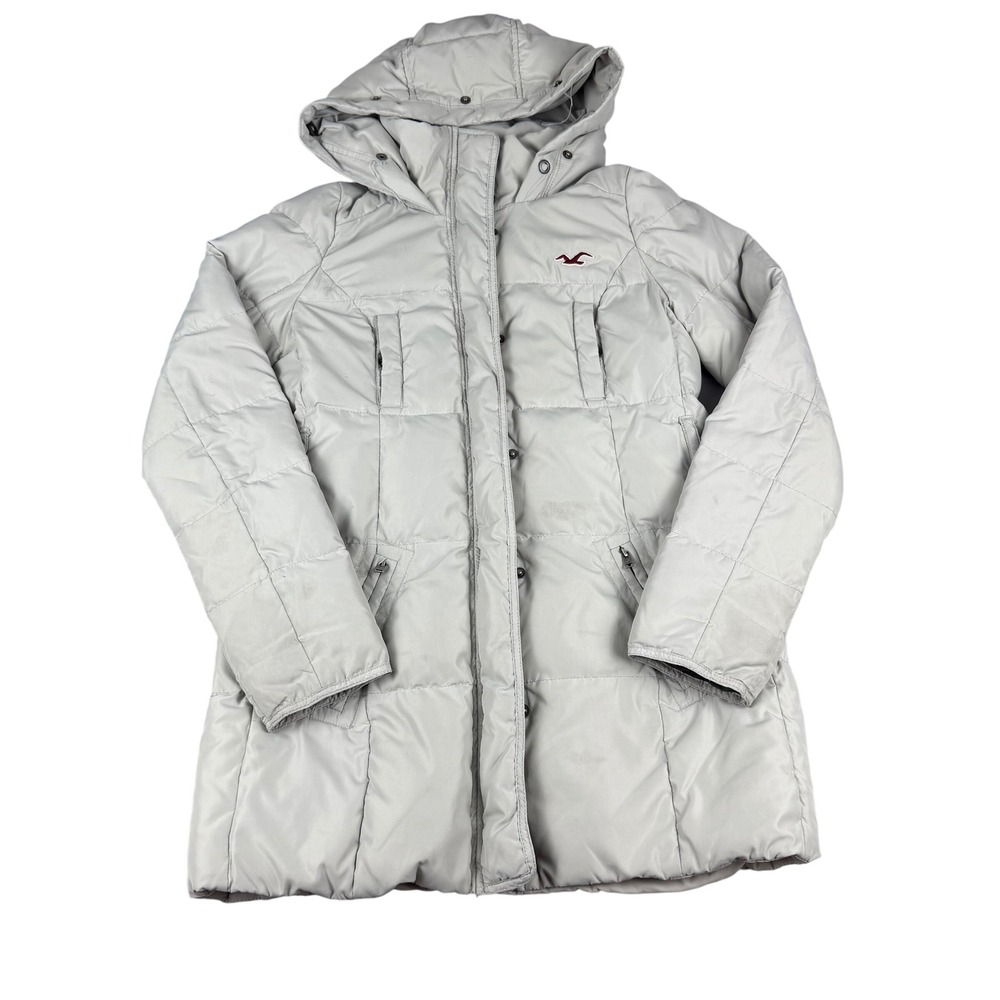 Hollister‎ Women Puffer Coat Light Gray Hooded Full Zip Y2K Size S